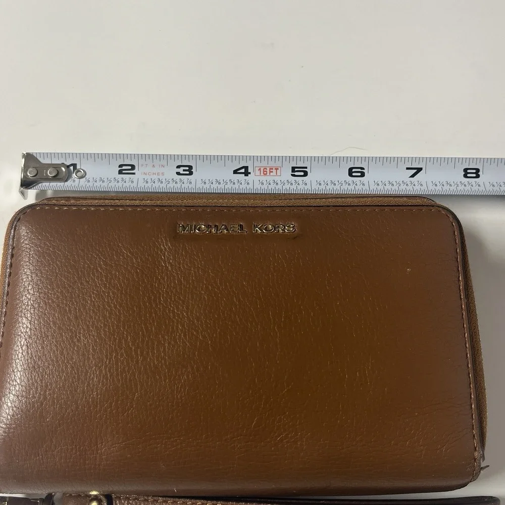 Michael Kors Women's Double Zip Wristlet Wallet Saffiano Brown Leather